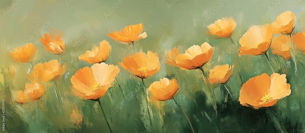Poster Vibrant orange poppies in a lush green field with soft brush strokes and a dreamy background creating a serene and calming atmosphere.