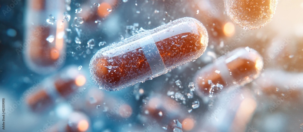 Poster vibrant close-up of orange and white capsules floating in a misty blue background with sparkling wat
