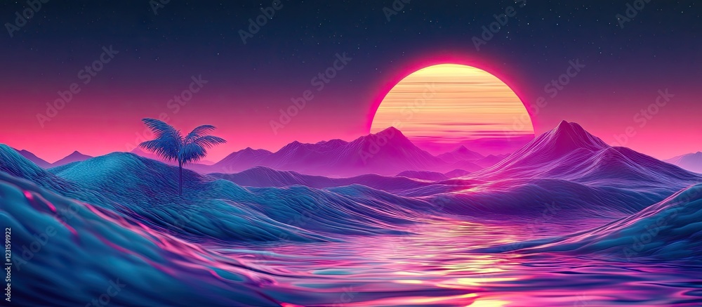 Aufkleber vivid synthwave landscape with chrome waves in rich purples and pinks, featuring a large sun setting