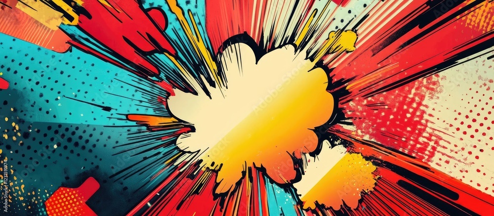 Poster comic explosion graphic featuring a vibrant red and blue background with dynamic burst patterns and 