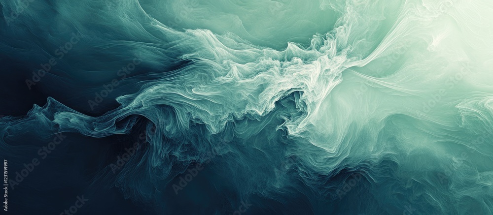 Poster Abstract green and teal gradient waves with flowing curves creating depth and movement against a dark background for creative digital designs.