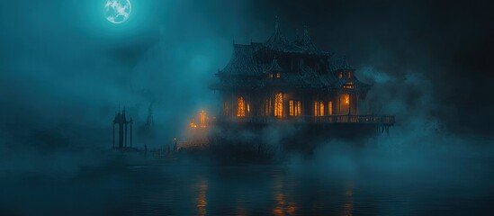 Fototapeta premium Haunting old house illuminated by orange glow surrounded by deep blue fog with a large moon creating a chilling atmosphere of mystery and fear