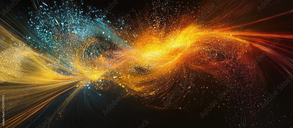 Fototapete Dynamic abstract data visualization with swirling orange and blue waves on a dark background showcasing fluid motion and vibrant energy.