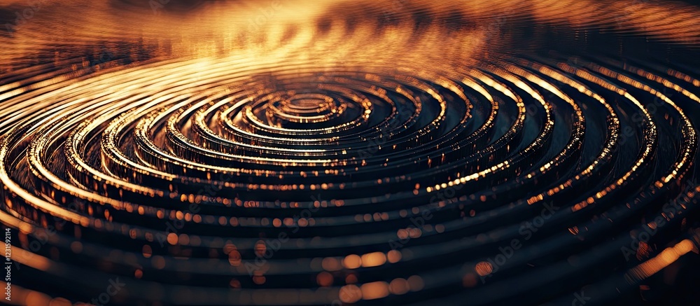 Fototapete Overlapping golden and bronze circles create a mesmerizing shimmer effect on a dark background with intricate depth and captivating visual allure.