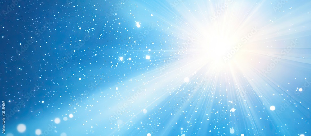 Poster radiant cosmic nebula in vivid colors with bright white and blue backdrop, featuring sparkling light