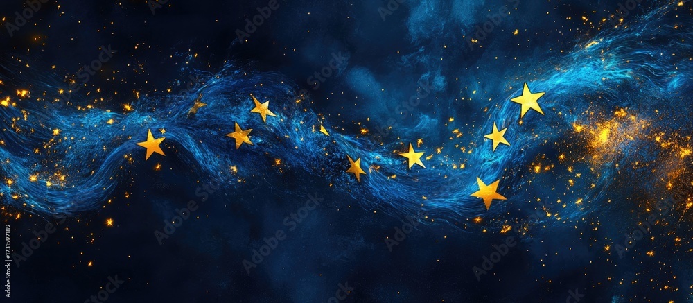 Poster golden stars scattered across a deep blue cosmic background with swirling clouds and bright light ac