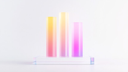 Obraz premium Three ombre cylinders in shades of pink, yellow, and purple stand on a clear acrylic base against a white background.