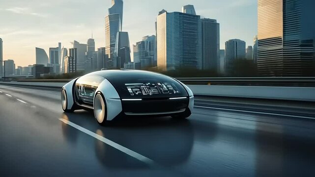 Futuristic autonomous vehicle cruising through a modern cityscape during sunset with skyscrapers