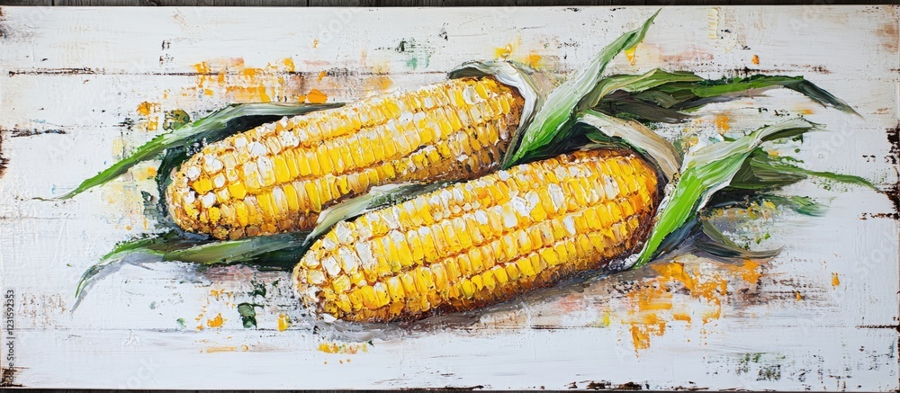 Aufkleber vibrant yellow cooked corn with green husks on a rustic white wooden table creating an appealing sum