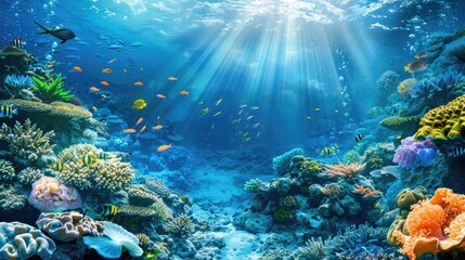 Fototapeta premium Underwater background of dark blue sea and beautiful sunlight under the sea.