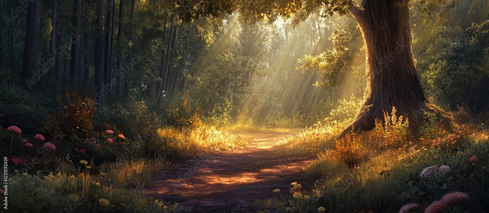 Leinwandbilder tranquil forest path bathed in warm sunlight with soft green trees and colorful mushrooms scattered 