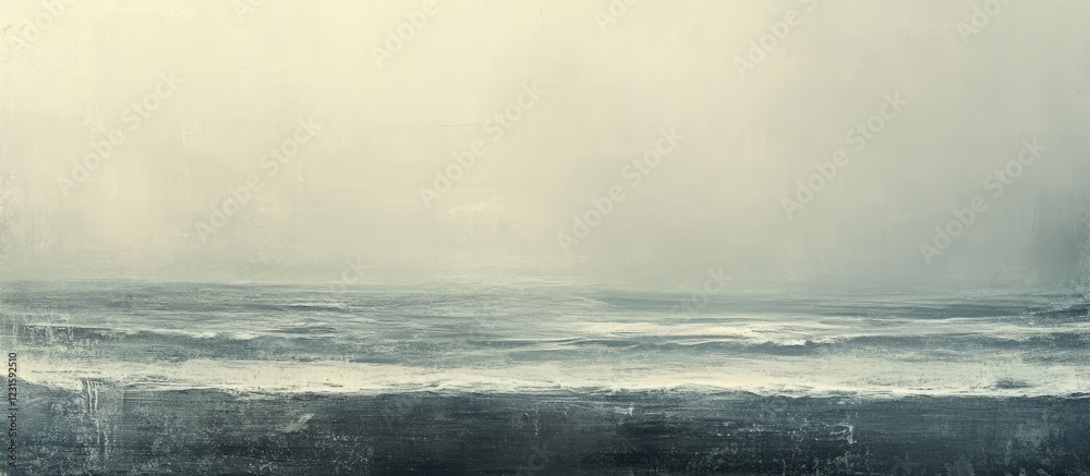 Poster serene coastal landscape featuring gentle waves and a muted gray-blue color palette with soft, foggy