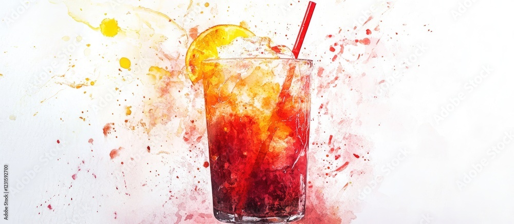 Poster vibrant watercolor splash featuring a refreshing red beverage with citrus garnish and a straw in a c