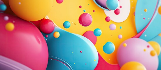 Colorful abstract design featuring large pink, yellow, and turquoise shapes with glossy spheres and dynamic lines creating a lively visual effect
