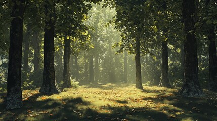 Naklejka premium Sunlit Forest Path Autumn Leaves Trees