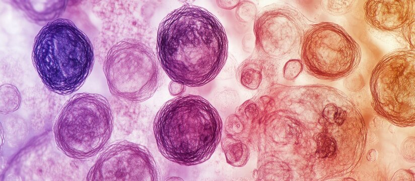 Iodine serum interaction in blood analysis microscopic view featuring purple and orange circular cells on a gradient background showcasing details
