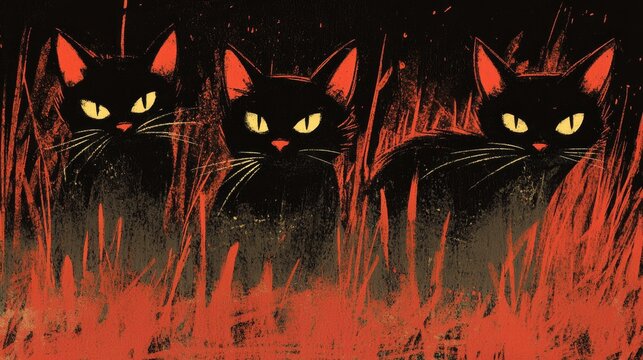 Three menacing black cats emerge from fiery, ominous flames
