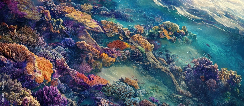 Poster vibrant aerial view of colorful coral reefs showcasing intricate patterns and bright hues against cl