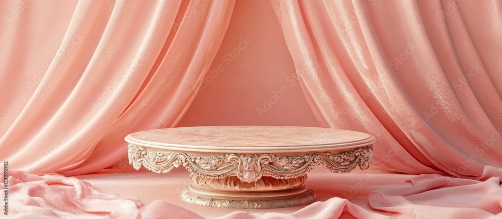 Poster Elegant 3D podium on soft pink satin backdrop showcasing intricate details and smooth curves, centered in a harmonious composition with flowing drapes.