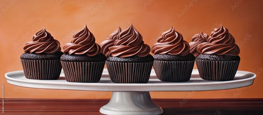 Poster elegant dessert display featuring five black cocoa cupcakes with rich dark chocolate buttercream on 