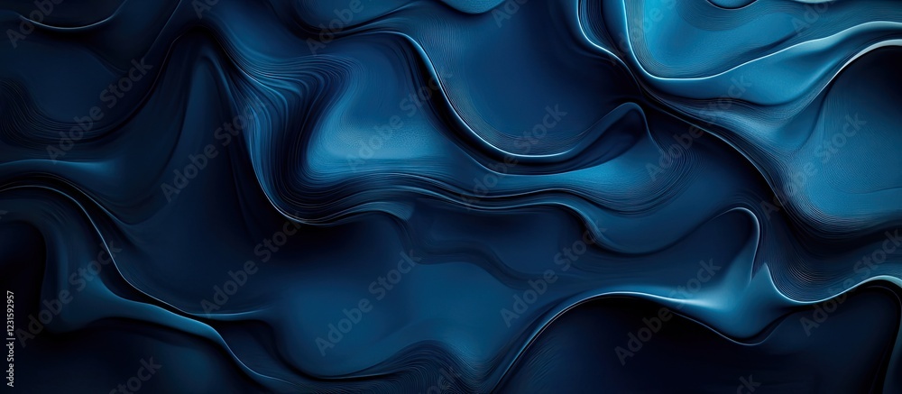 Poster blue satin texture with deep shadows and smooth ripples creating a dynamic flow, highlighting gradie