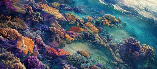 Vibrant aerial view of colorful coral reefs showcasing intricate patterns and bright hues against clear blue waters with sunlit reflections above.