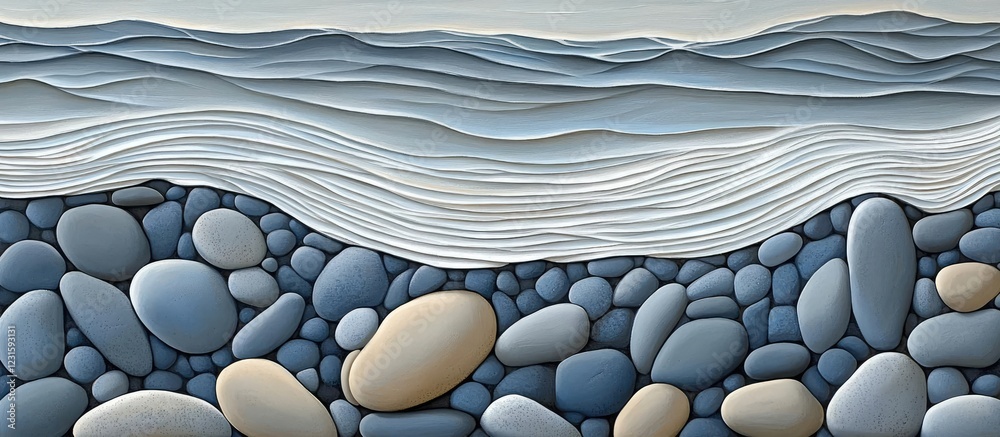 Fototapete Serene coastal scene of smooth gray and beige pebbles in the foreground with soft blue wave patterns in the background creating a calming atmosphere.