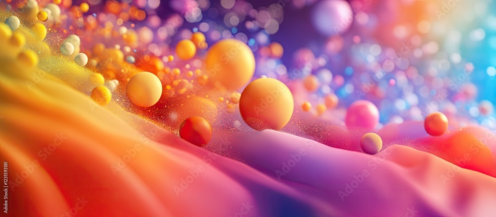 Poster dynamic abstract composition featuring vibrant swirls of orange, purple, and pink with floating sphe