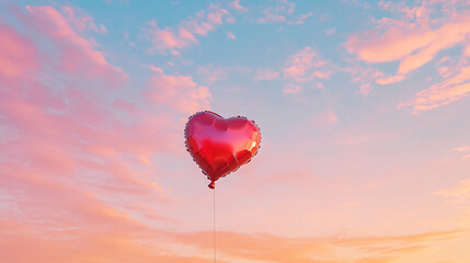 Fototapeta premium A vibrant heart-shaped balloon floats against a pastel sky during sunset.