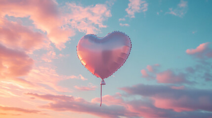 Fototapeta premium A heart-shaped balloon floating in a vibrant sunset sky, symbolizing love and joy.