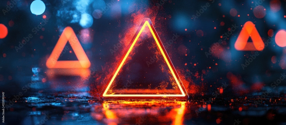 Poster vibrant neon triangles glow in a dark reflective environment with a blue and red color scheme enhanc