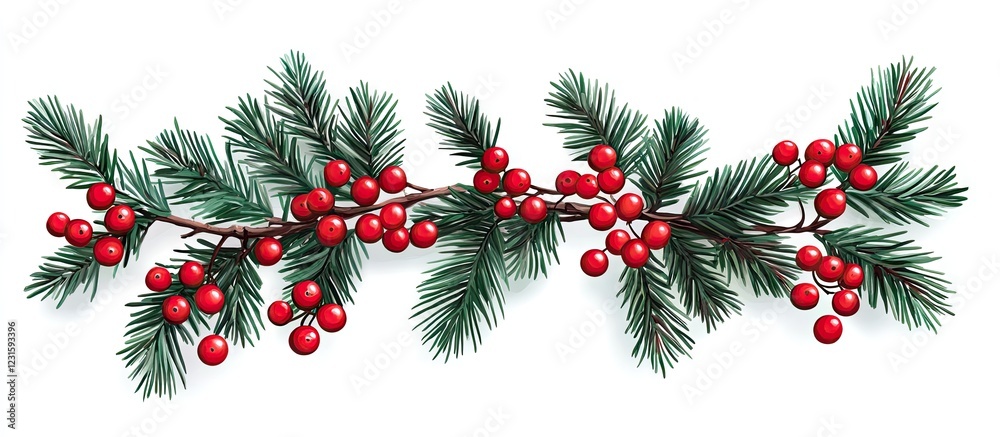 Poster festive composition with lush green fir branches and bright red berries creating a decorative border