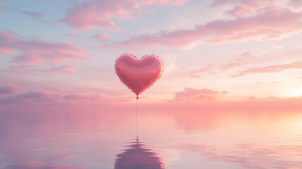 Fototapeta premium A serene heart-shaped balloon floating over calm waters at sunset.