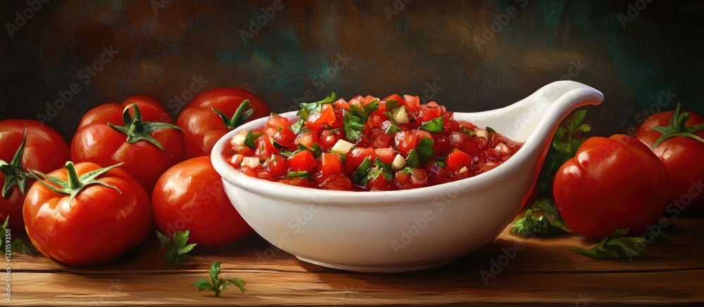 Poster fresh tomato salsa in a white sauceboat on a wooden table surrounded by ripe red tomatoes and green 