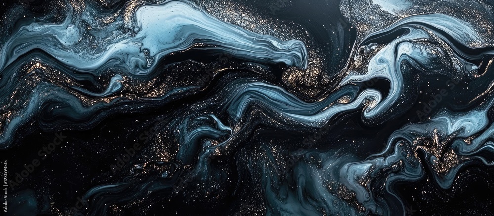 Poster abstract swirling patterns featuring shades of blue and black accented by gold flecks, creating a se