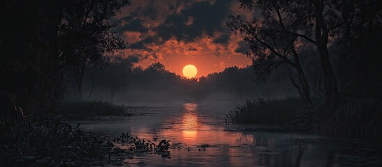 Serene dusk landscape featuring a vibrant orange sun setting against a deep black sky, reflected in tranquil water surrounded by lush greenery.