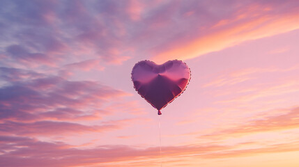 Obraz premium A heart-shaped balloon floating in a colorful sunset sky, symbolizing love and joy.