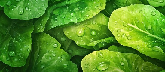 Fototapeta premium Vibrant green romaine lettuce leaves with glistening water droplets create a fresh and healthy food background emphasizing vitality and freshness.