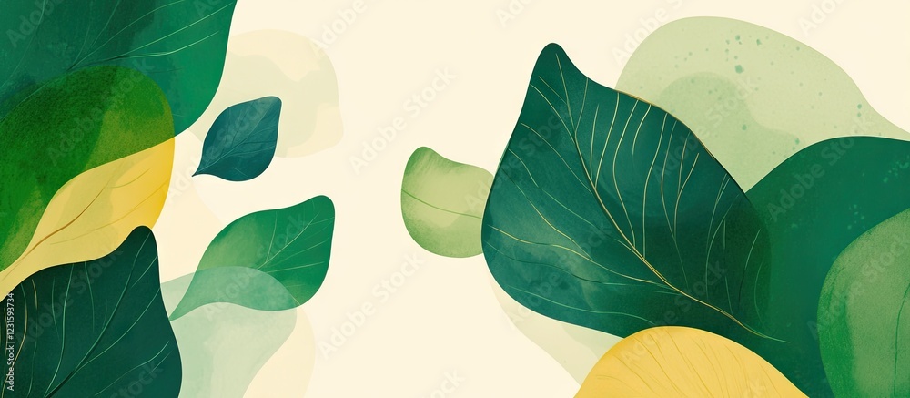 Poster abstract design featuring various green and yellow leaves on a soft pale background symbolizing natu