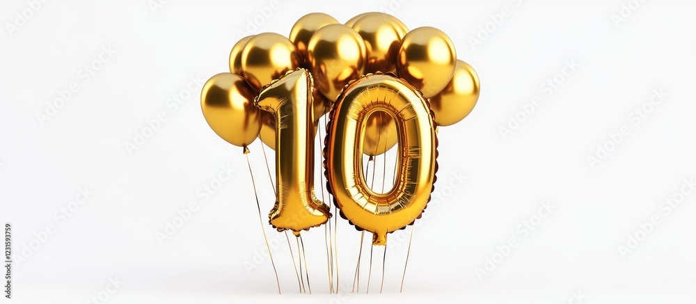 Aufkleber 3d golden balloon number 10 surrounded by shiny gold balloons on a white background creating a festi