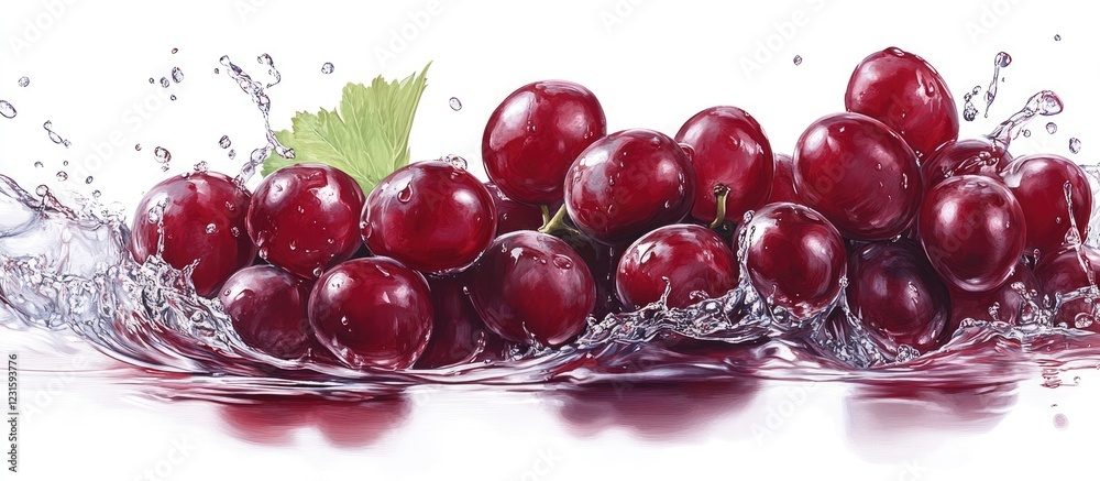 Poster red grapes create a vibrant splash in clear water against a white background with circular droplets 