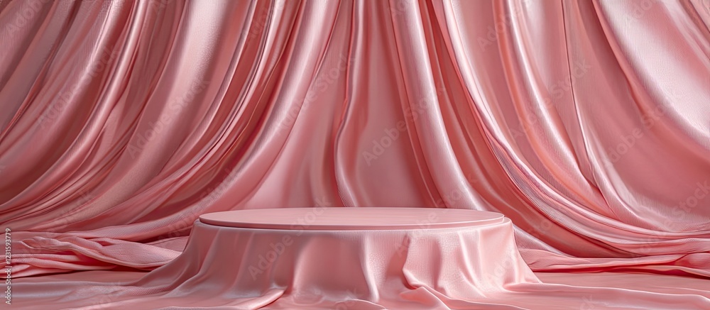 Poster elegant 3d podium positioned center stage against a soft pink satin fabric backdrop with flowing dra