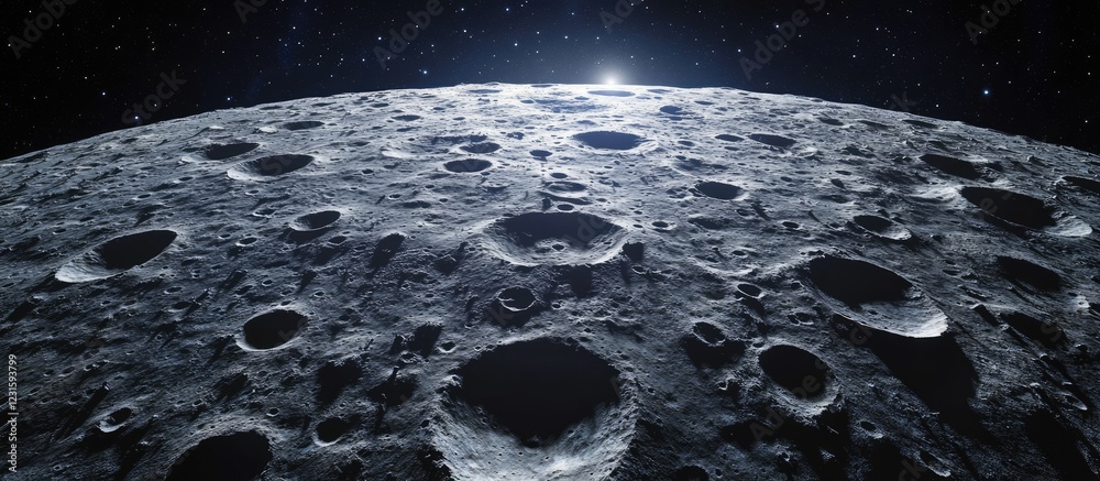 Poster cosmic landscape with dark gray craters highlighted in bright stellar light against a deep space bac