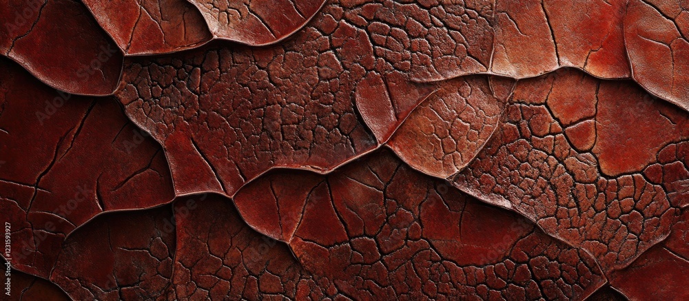 Aufkleber Textured close-up of dark red reptile skin with intricate patterns and scales, featuring rich hues of brown and deep burgundy shades.