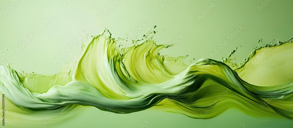 Leinwandbilder flowing electric green paint waves with splashes on a soft green backdrop, capturing motion and text