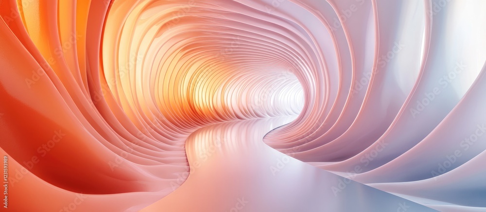Leinwandbilder Futuristic light tunnel with vibrant gradient colors of red, orange, and blue curving shapes creating an abstract wave perspective and soft reflections
