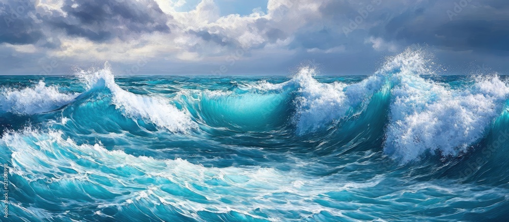 Poster vibrant turquoise ocean waves crashing under dramatic clouds with varying shades of blue and white f