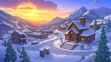 Fototapeta premium Idyllic snow-covered village nestled in a majestic mountain valley at sunset