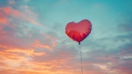 Fototapeta premium A heart-shaped balloon floating against a beautiful sunset sky.