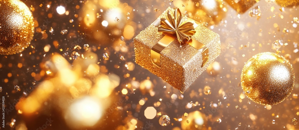 Poster golden gift box surrounded by shimmering golden balls and vibrant confetti on a soft blurred backgro